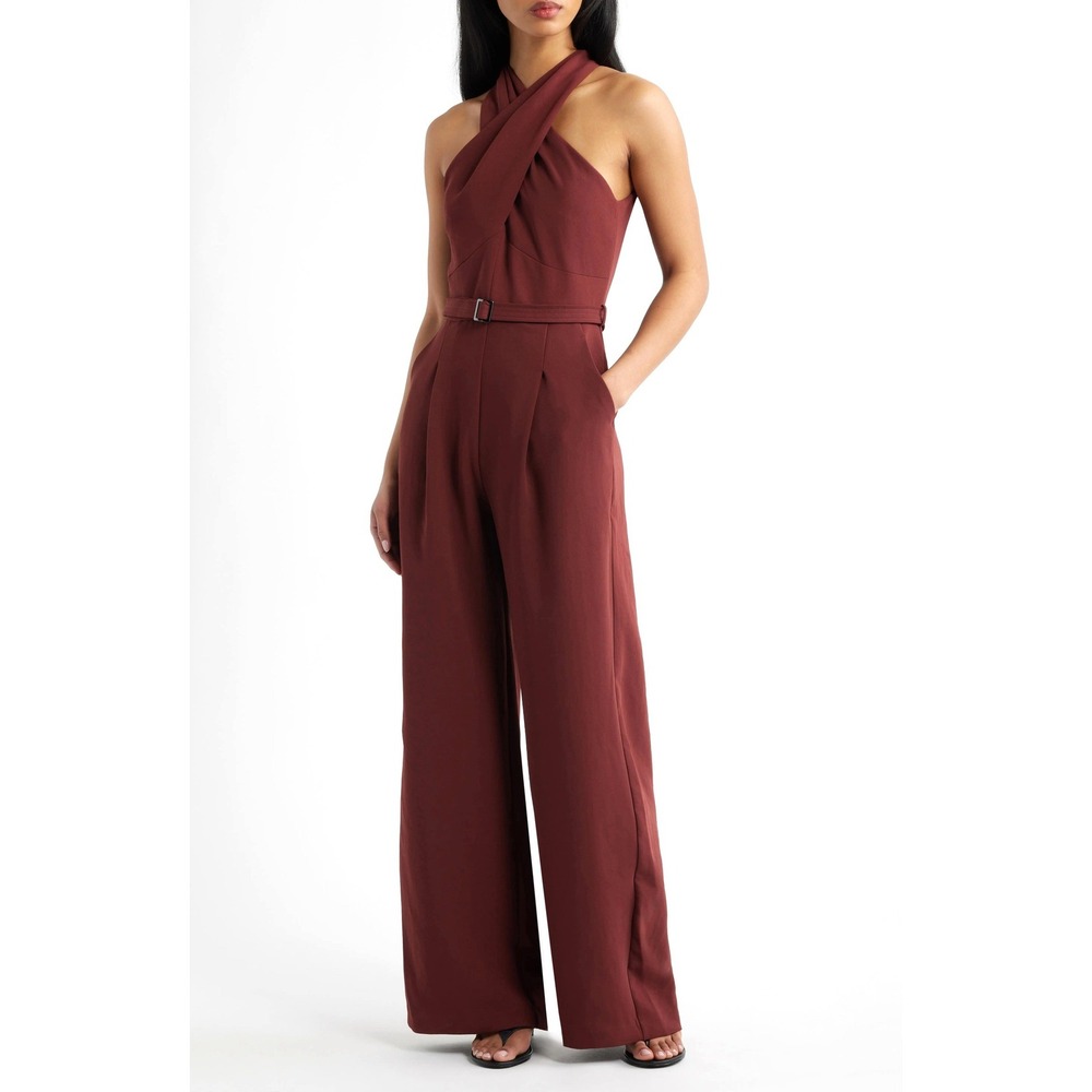 NWT MANGO Luxe Straight-Fit Cross-Over Neckline Jumpsuit Burgundy Red